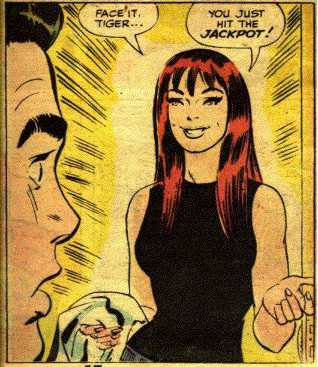 Classic 1966 Marvel comic panel by John Romita Sr. featuring Mary Jane Watson's first appearance. She is smiling with red hair, wearing a black top, and saying her famous line 'Face it, Tiger... you just hit the jackpot!' to a stunned Peter Parker.
