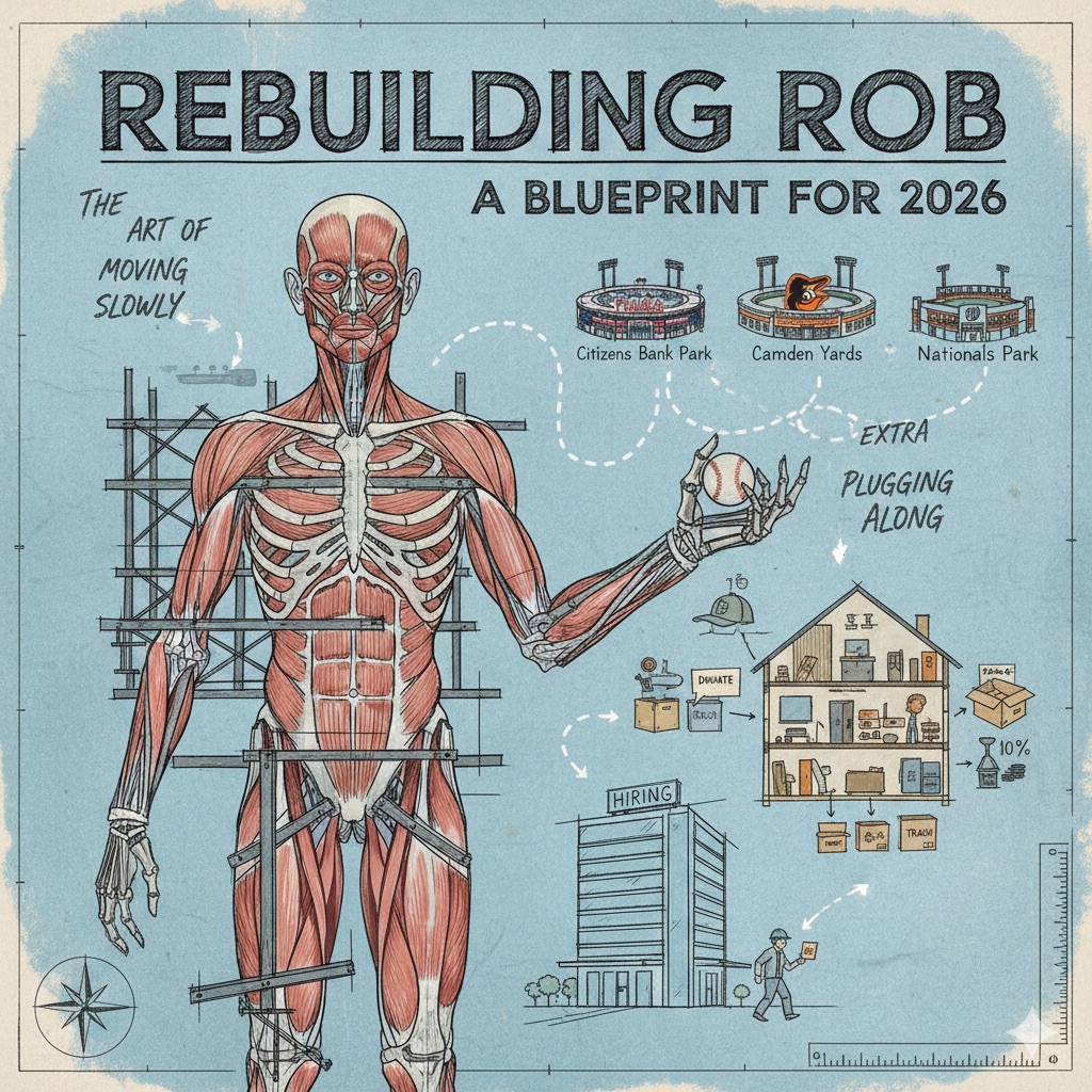 A Da Vinci-inspired anatomical blueprint for 'Rebuilding Rob: A Blueprint for 2026' [cite: 2025-12-19]. The graphic illustrates your journey through 'The Art of Moving Slowly,' featuring icons for an MLB stadium tour, home transition planning, and career growth