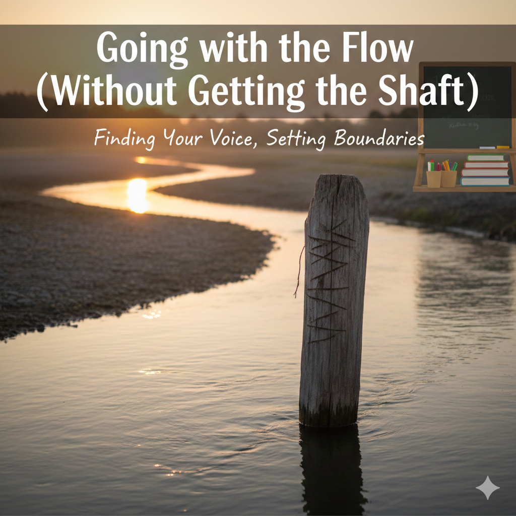 A serene, winding river flowing gently under a soft sky. In the foreground, subtly integrated into the riverbank, there's a clear, symbolic 'line in the sand' or a sturdy, weathered wooden post standing firm against the water's edge. The title 'Going with the Flow (Without Getting the Shaft)' is elegantly overlaid on the image, blending with the natural elements. The overall aesthetic is calm, reflective, and empowering.