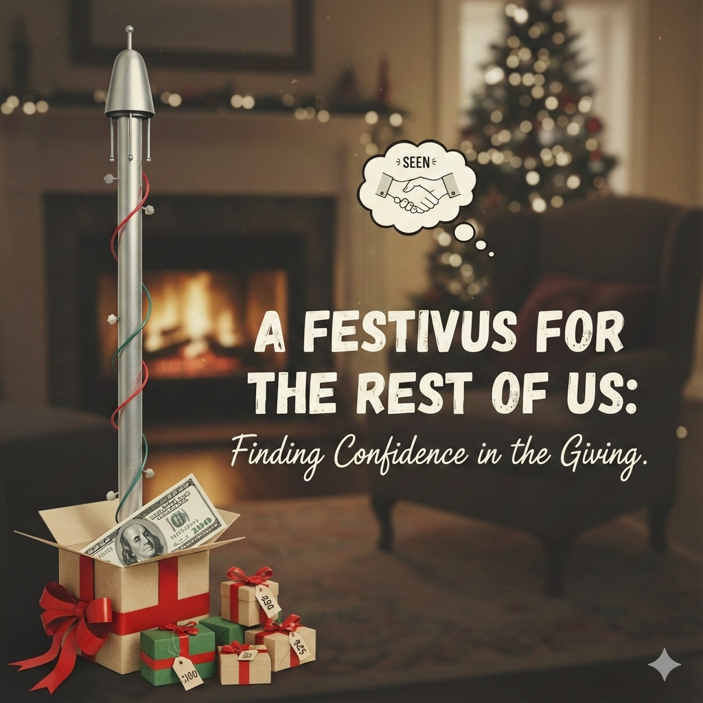 A Festivus pole stands next to a gift box containing a $100 bill and smaller wrapped presents. Above them is a thought bubble with a handshake symbolizing 'Being Seen,' with the blog title 'A Festivus for the Rest of Us: Finding Confidence in the Giving' in the foreground