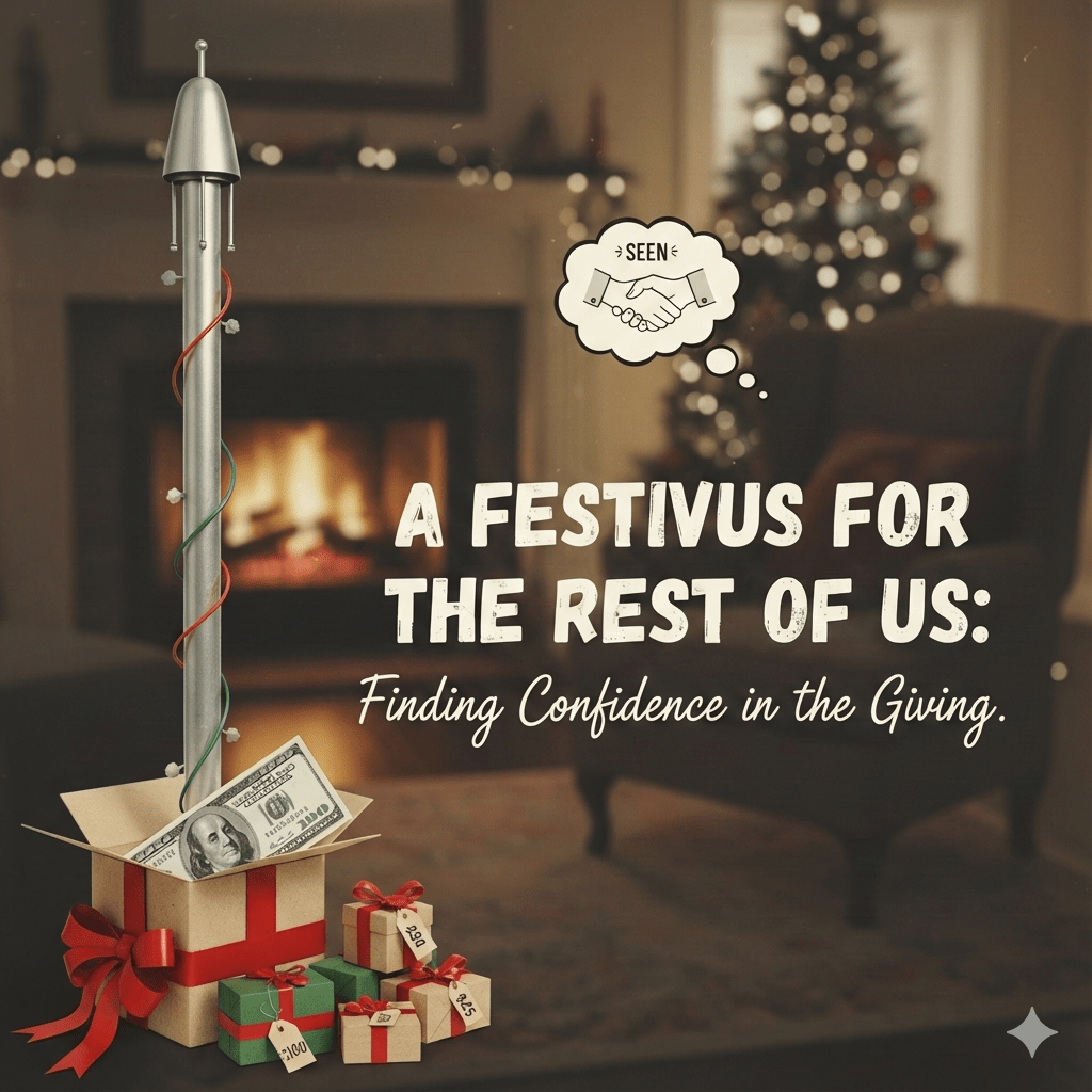 A Festivus pole stands next to a gift box containing a $100 bill and smaller wrapped presents. Above them is a thought bubble with a handshake symbolizing 'Being Seen,' with the blog title 'A Festivus for the Rest of Us: Finding Confidence in the Giving' in the foreground