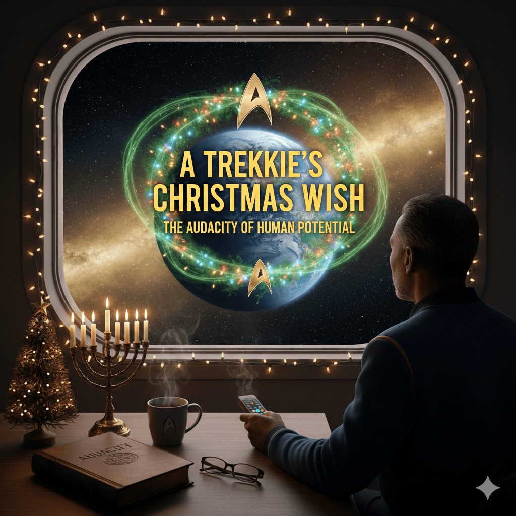 A man in a starship looking at Earth through a window decorated with Christmas lights and a Star Trek wreath; a book titled 'Audacity' sits on the desk