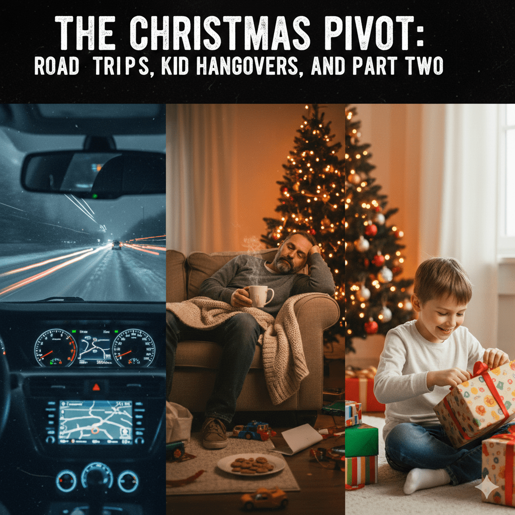 A collage showing a night-time road trip dashboard, an exhausted father resting with coffee, and a young boy opening a gift by a Christmas tree.