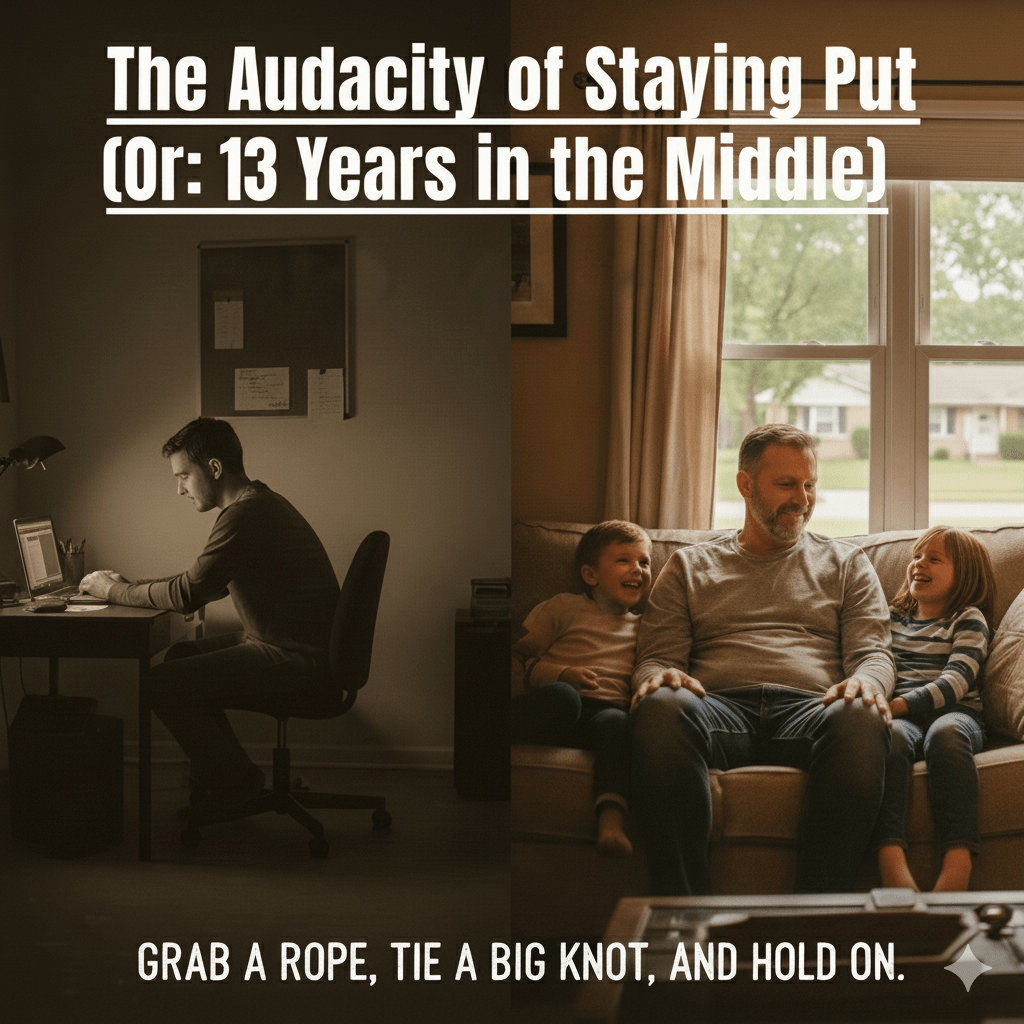 A split-screen image representing a 13-year journey of personal growth for the Rebuilding Rob blog. On the left, a younger man sits alone at a desk in a dark room, symbolizing the start of a divorce in 2012. On the right, an older, more confident man sits on a sunlit sofa with his two sons. The text overlay reads "The Audacity of Staying Put" and "Grab a rope, tie a big knot, and hold on.
