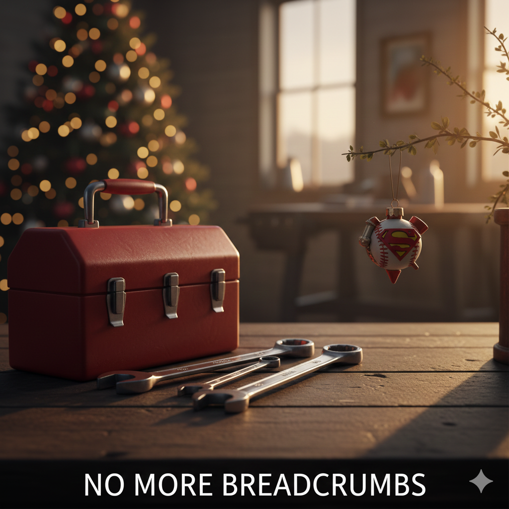 A red metal toolbox sitting on a dark wooden table in a warmly lit room, with a decorated Christmas tree glowing in the soft-focus background.