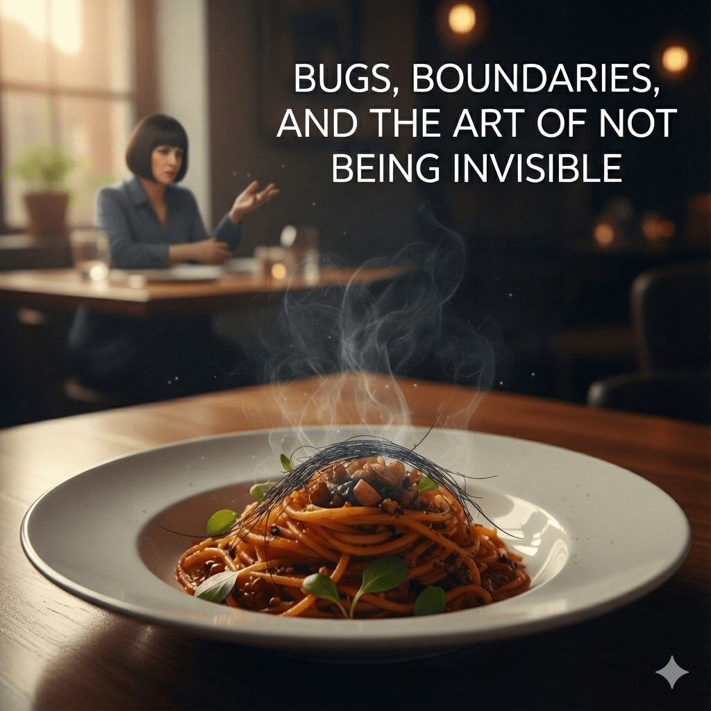 A steaming plate of spaghetti with a noticeable stray hair on top, set in a restaurant. In the blurred background, a woman gestures with her hand while talking. Overlaid text reads: "Bugs, Boundaries, and the Art of Not Being Invisible."
