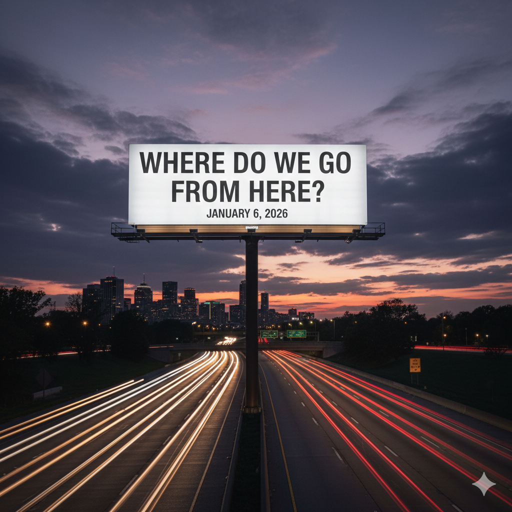 Freeway billboard at dusk overlooking highway light trails, featuring the black text "WHERE DO WE GO FROM HERE? JANUARY 6, 2026" against a white background, illustrating a political reflection on the fifth anniversary of the Capitol attack.
