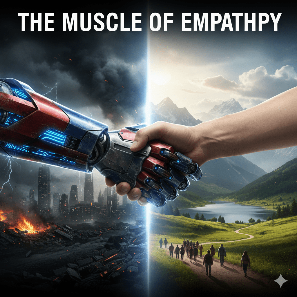 The Muscle of Empathy" title over a split background of a smoky city and a sunny landscape with two hands shaking