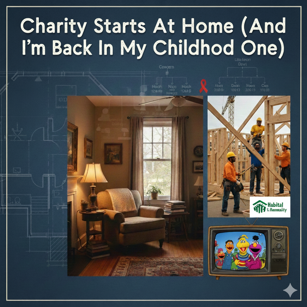 A collage-style featured image for a blog post titled "Charity Starts at Home (And I’m Back in My Childhood One)." The image features a cozy living room with a reading chair, a construction crew building a house frame for Habitat for Humanity, a red ribbon for cancer awareness, and a vintage television showing characters from Sesame Street.