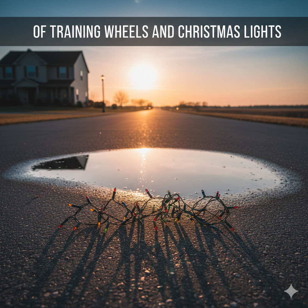 A cinematic sunset over a suburban street with a strand of Christmas lights in the foreground, featuring the title "Of Training Wheels and Christmas Lights."