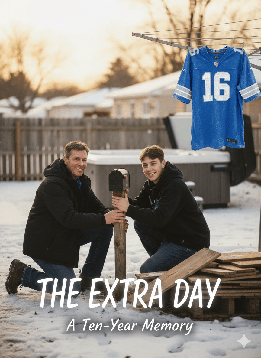 A close-up, warm-toned photo of two pairs of hands working together to repair a wooden mailbox post in a snowy Michigan landscape. In the background, a blue Detroit Lions jersey is partially visible, symbolizing family teamwork, the 'Extra Day,' and the transition into a new chapter of fatherhood