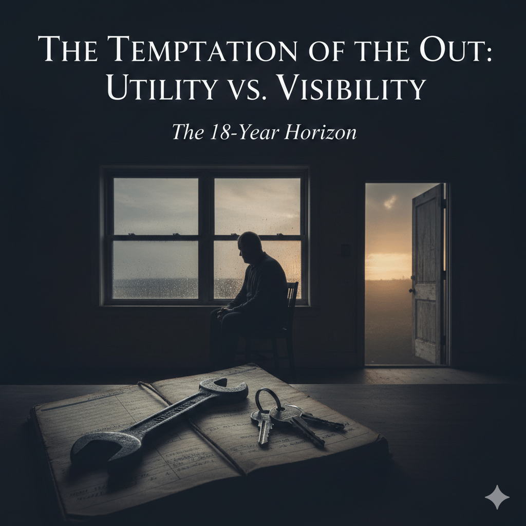 Featured image for the blog post "The Temptation of the Out: Utility vs. Visibility." A man sits in a shadowed room looking toward a bright open doorway. In the foreground, a wrench and a set of keys rest on an old book, symbolizing the conflict between traditional male provider roles and personal freedom in midlife.