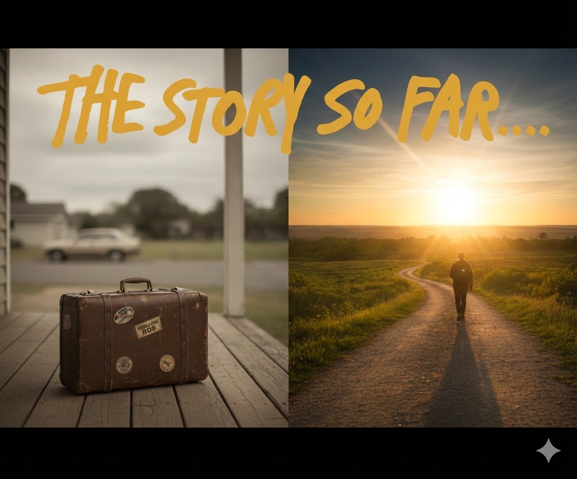 A cinematic, split-panel image representing the beginning of the Rebuilding Rob blog. On the left, a vintage suitcase with custom stickers sits on a porch. On the right, a man walks a path toward a sunset horizon. Golden text across the top reads 'THE STORY SO FAR...'