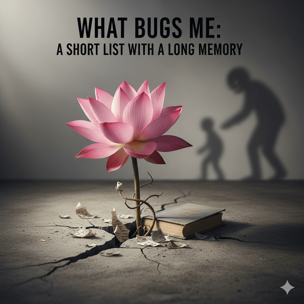 A conceptual silhouette of a small person standing firm and assertive against a much larger, looming aggressive figure. In the foreground, a single, delicate flower grows through a crack, symbolizing the "strength in gentleness" philosophy.