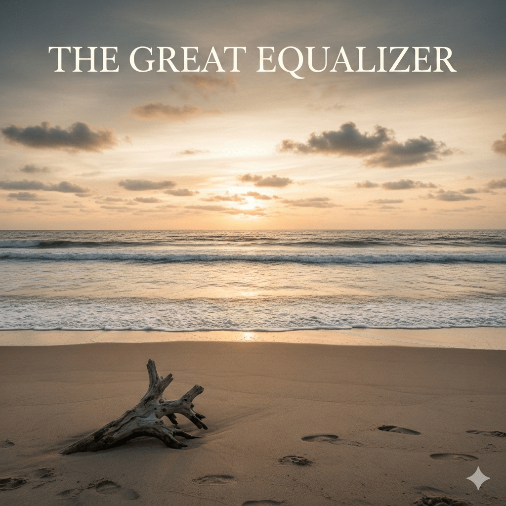 A wide-angle view of a serene beach at sunrise. In the foreground, a weathered piece of driftwood and a single set of footprints sit on the sand. The tide rolls in with soft white foam under a vast, hazy sky. The text 'THE GREAT EQUALIZER' is centered at the top in a clean, elegant serif font.