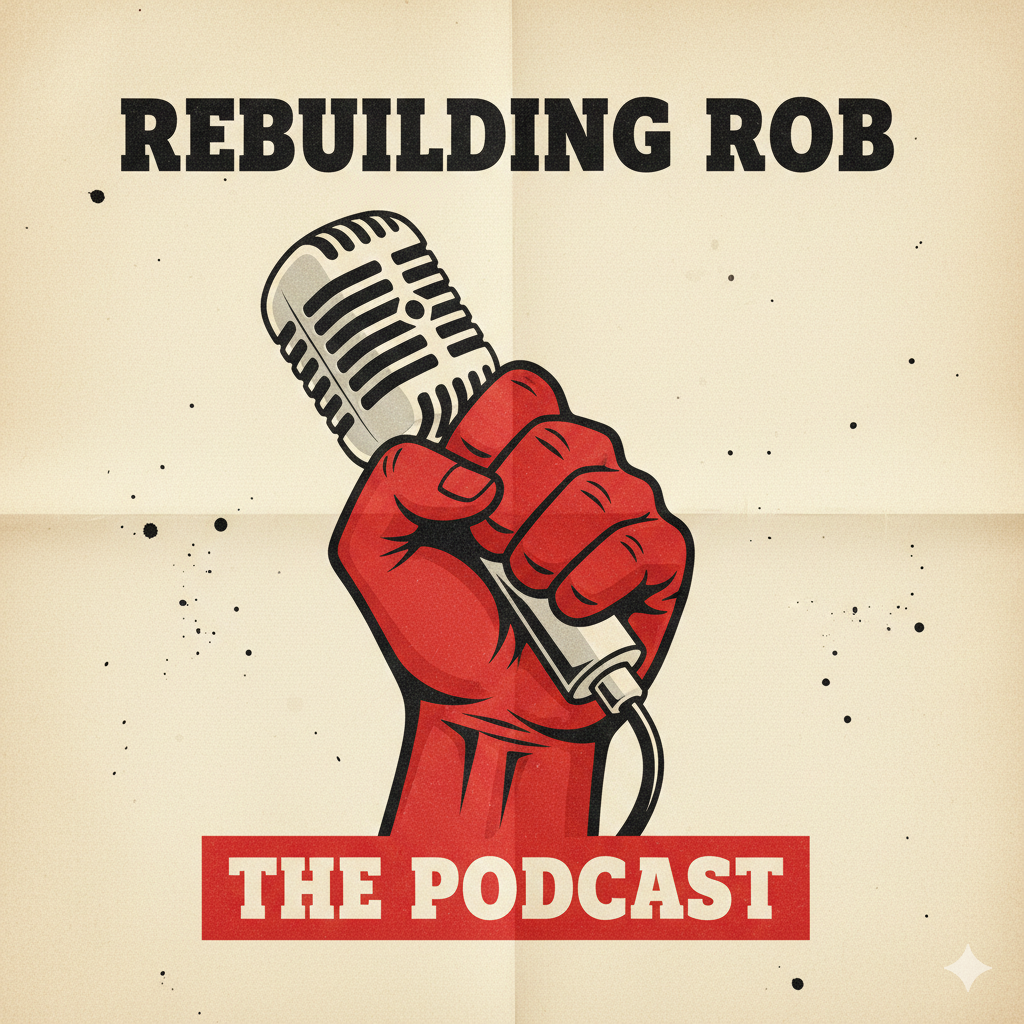A graphic illustration in a vintage, textured style. A bold red hand and forearm are raised upward, firmly gripping a silver classic-style microphone. The background is an aged, cream-colored paper with subtle fold lines and dark splatters. At the top, the words 'REBUILDING ROB' are in a heavy black font, and at the bottom, 'THE PODCAST' is written in white text over a solid red rectangular block.