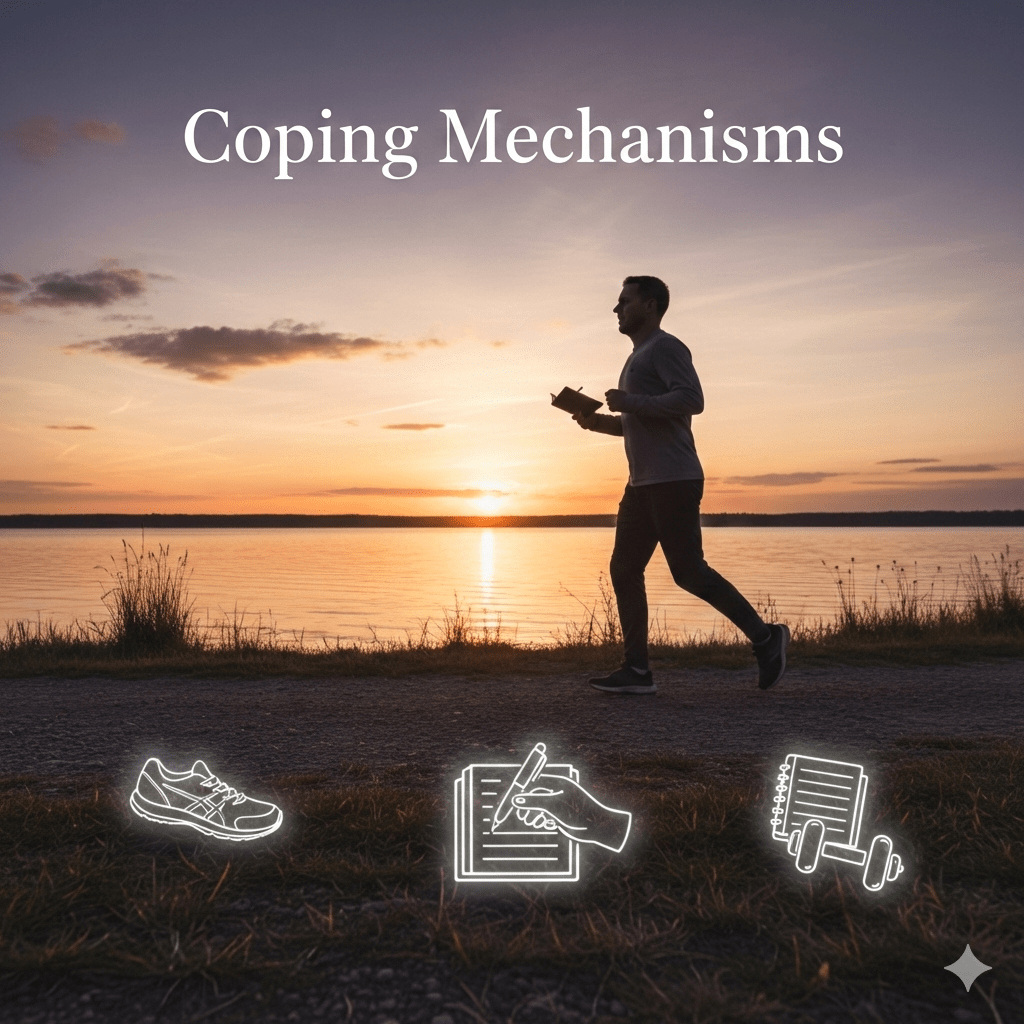 A featured image with the title "Coping Mechanisms" overlaid on a photo of a man running along a waterfront path at sunset, holding a journal. Below are three glowing white outline icons representing exercise (a running shoe), writing (a hand with a pen and notebook), and physical activity (a notebook with a dumbbell).