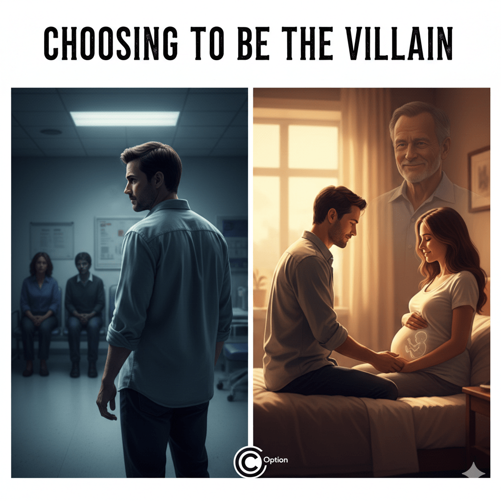 A split-screen digital art piece illustrating a life-altering choice. On the left, in a cold, blue-toned hospital waiting room, a man stands with his back to two judgmental, seated figures. On the right, bathed in warm golden light, the same man sits by his pregnant partner, holding her hand with a ghostly image of an older man smiling in approval above them. An "Option C" logo is at the bottom center.