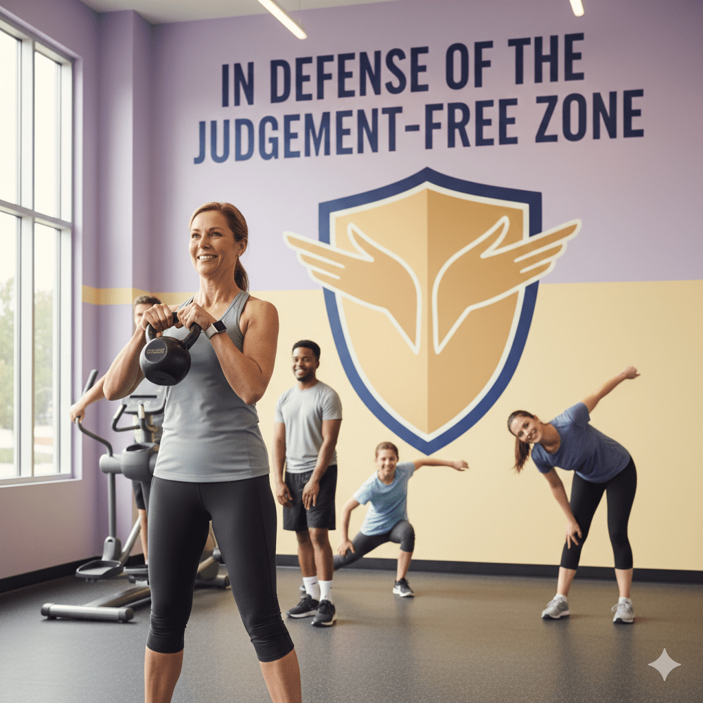 A bright, welcoming gym with diverse people exercising. On the purple back wall, the words "JUDGEMENT FREE ZONE" are painted beneath a yellow emblem. A purple siren light is mounted on the ceiling, symbolizing the 'Lunk Alarm' in a clean, non-intimidating workout environment.