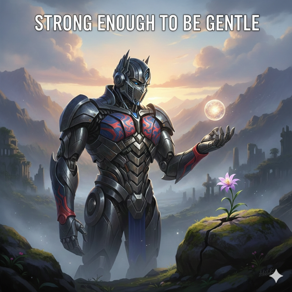 A cinematic digital painting of a metallic, heroic guardian standing in a misty, ruined valley at dawn. The figure features subtle red and blue accents and looks down with a calm, stoic posture. In the foreground, a single purple flower grows from a cracked rock, while the guardian holds a glowing orb of light in its palm. At the top of the image, the text reads “STRONG ENOUGH TO BE GENTLE” in a clean, white, bold font.