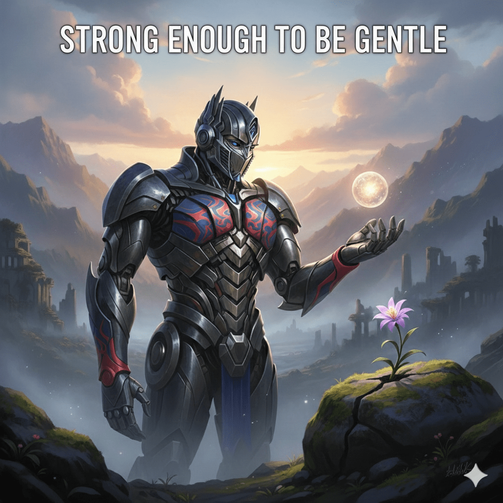 A cinematic digital painting of a metallic, heroic guardian standing in a misty, ruined valley at dawn. The figure features subtle red and blue accents and looks down with a calm, stoic posture. In the foreground, a single purple flower grows from a cracked rock, while the guardian holds a glowing orb of light in its palm. At the top of the image, the text reads “STRONG ENOUGH TO BE GENTLE” in a clean, white, bold font.