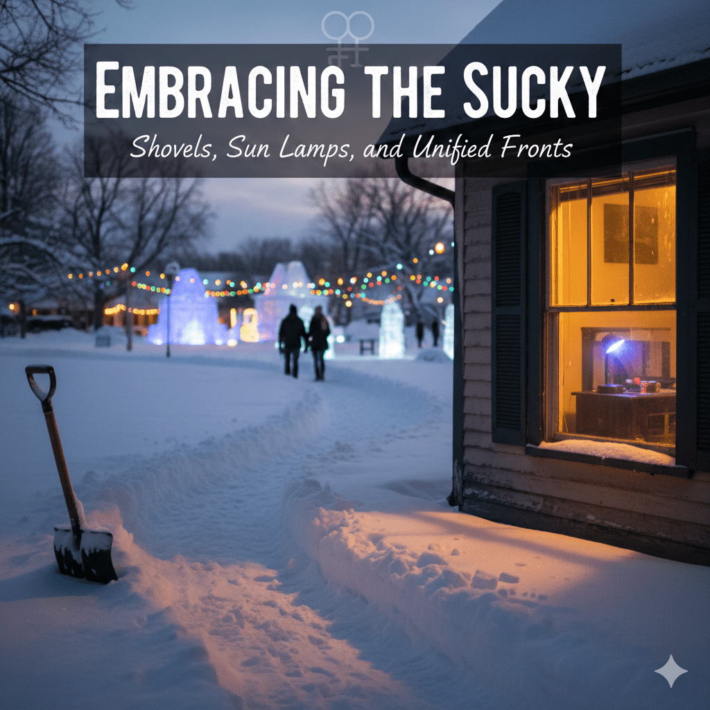 A cozy winter scene featuring a snow-covered path leading past a shovel towards a house with warm light emanating from a window, revealing a blue-hued UV lamp on a desk. In the background, an outdoor ice festival twinkles with colorful lights, and a couple walks hand-in-hand. The title 'Embracing the Sucky: Shovels, Sun Lamps, and Unified Fronts' is overlaid on the top of the image.