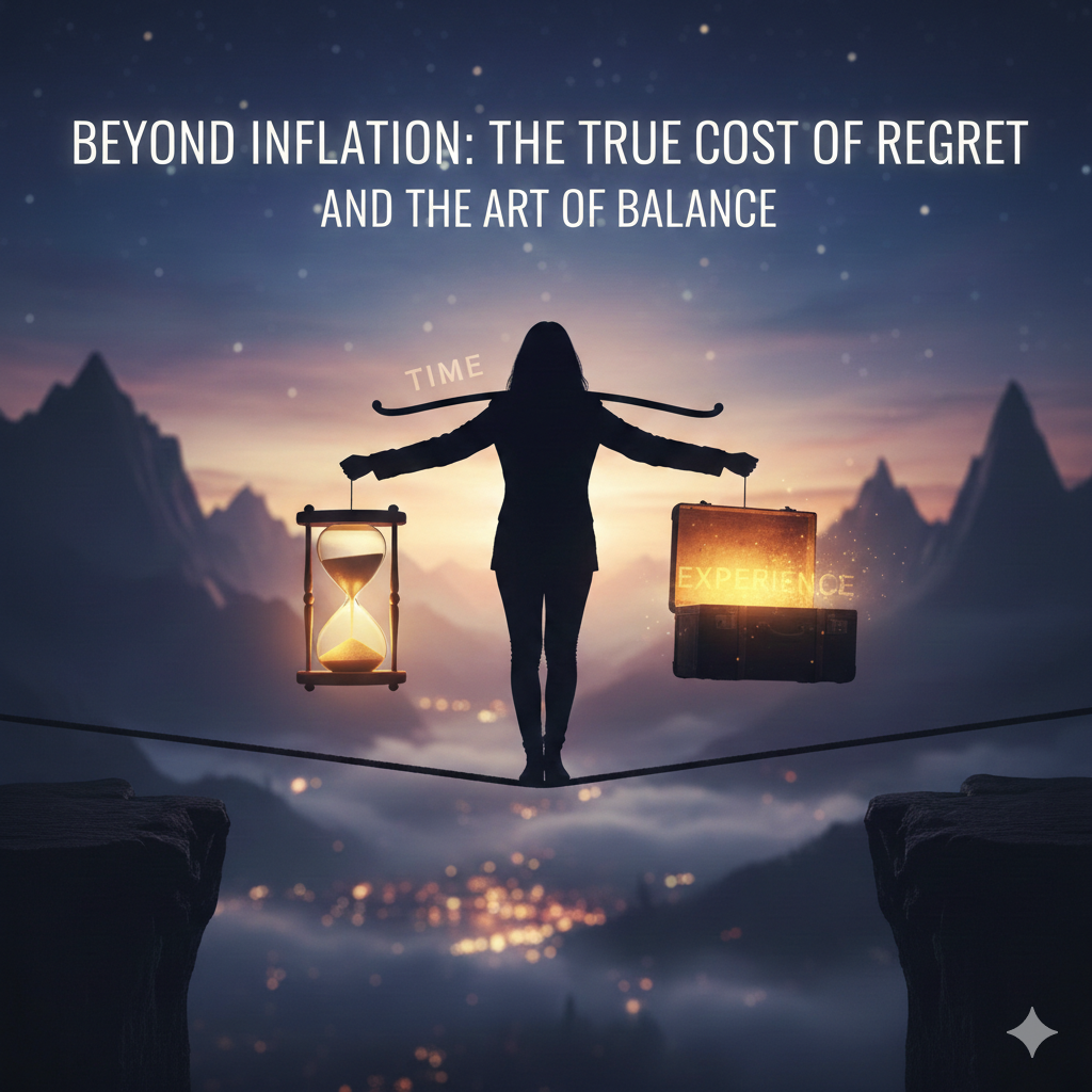 A silhouette of a person on a tightrope over a mountain valley at dusk, balancing an hourglass (labeled TIME) and a glowing suitcase (labeled EXPERIENCE). The image title 'BEYOND INFLATION: THE TRUE COST OF REGRET AND THE ART OF BALANCE' is integrated into the sky.