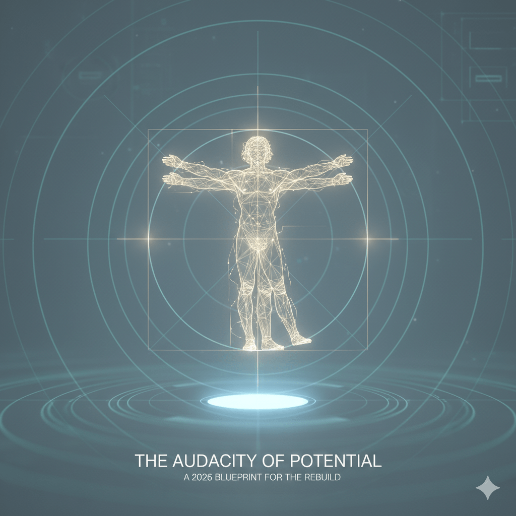A glowing Vitruvian man silhouette on a blueprint background, titled "The Audacity of Potential," representing the 2026 intentional redesign of Rebuilding Rob.