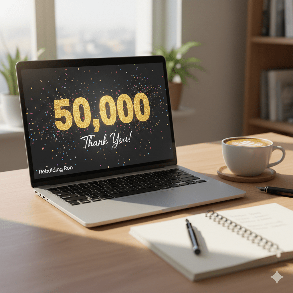 A close-up of an open laptop on a wooden desk in a bright, cozy home office. The laptop screen displays a celebratory 50,000 in large, shimmering gold text, surrounded by colorful confetti, against a dark background. Below the number, it says Thank You! in a script font and Rebuilding Rob in the bottom left corner. To the right of the laptop, there is a white coffee mug with latte art on a wooden coaster and a spiral-bound notebook with a pen. Sunlight streams in from a window in the background, illuminating the desk.