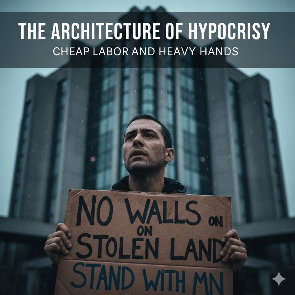 A somber protester stands in the rain before an imposing, brutalist-style government building, holding a handwritten cardboard sign that reads "NO WALLS ON STOLEN LAND STAND WITH MN." A dark banner at the top of the image overlays the text: "THE ARCHITECTURE OF HYPOCRISY CHEAP LABOR AND HEAVY HANDS."