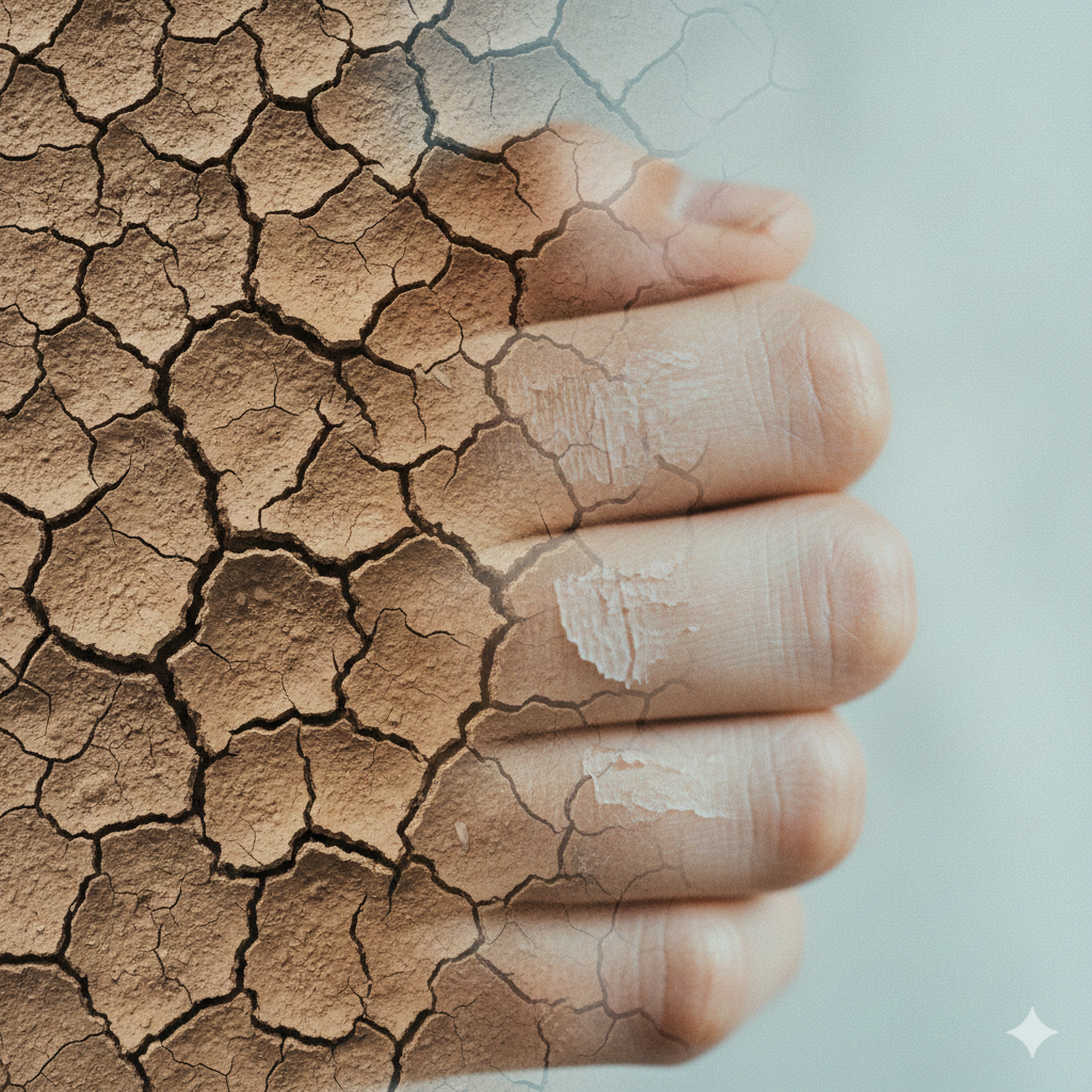A conceptual split-screen image showing the dry, cracked texture of a parched desert floor transitioning into the dry, flaking skin on a person’s knuckles.