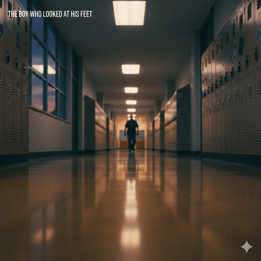 A cinematic, low-angle shot of a long, empty high school hallway with polished linoleum floors reflecting overhead lights. The perspective mimics the view of someone looking down at their feet while walking. In the far distance, a soft silhouette of a person walks toward a bright exit, symbolizing transition and growth.