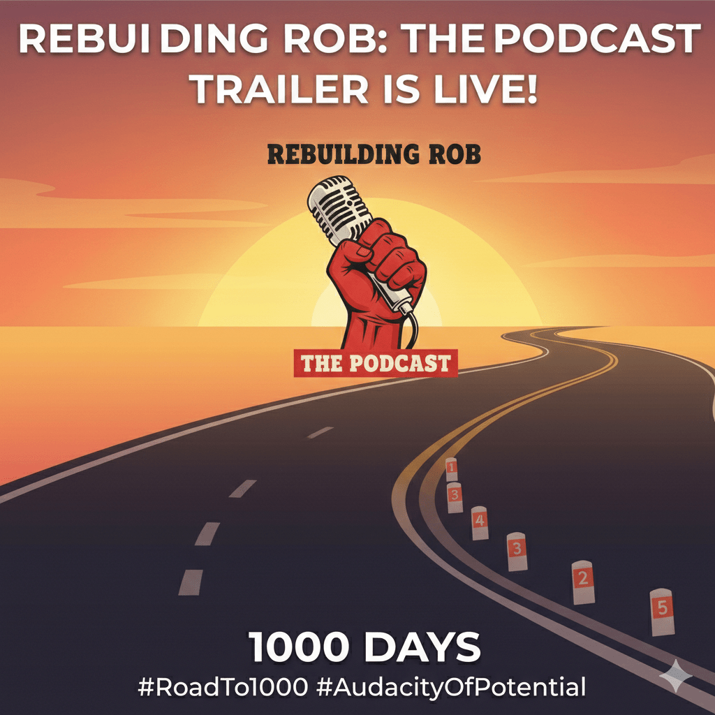 A winding road towards a sunrise with the 'Rebuilding Rob' microphone logo at the horizon. Text reads: 'REBUILDING ROB: THE PODCAST TRAILER IS LIVE! 1000 DAYS #RoadTo1000 #AudacityOfPotential.