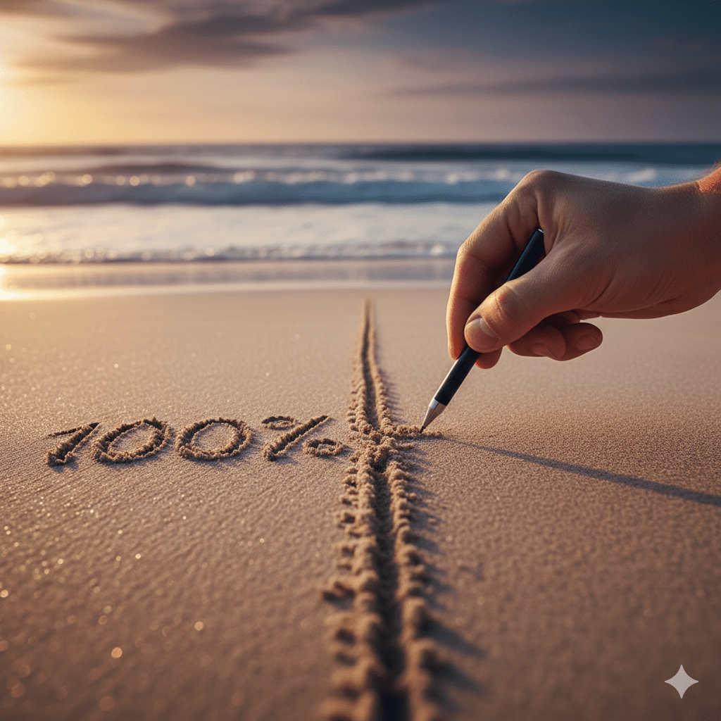 A close-up, cinematic shot of a hand using a pen to draw a firm, deep vertical line in the sand on a beach at sunset. To the left of the line, the numbers "100%" are etched into the sand. The ocean waves are blurred in the background, creating a reflective and resolute atmosphere.
