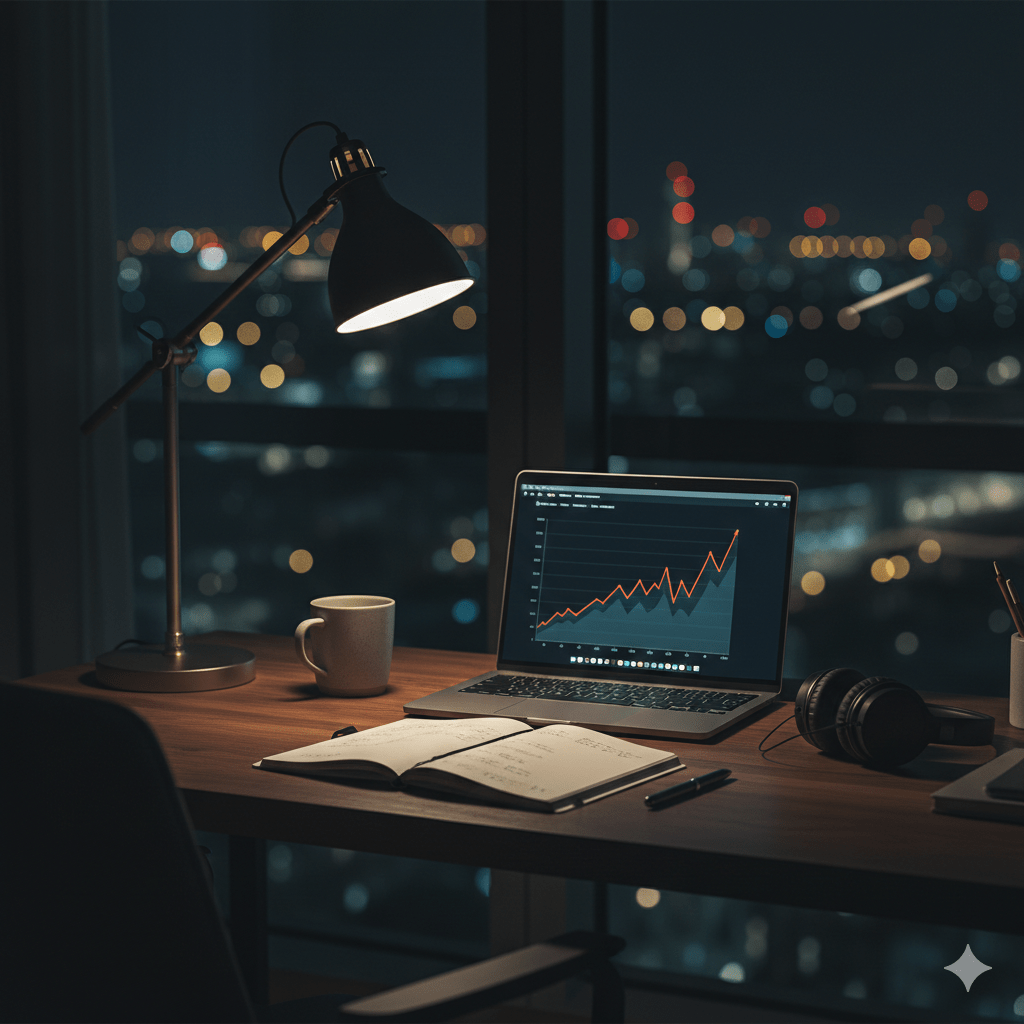 A dimly lit, modern workspace at night. A warm desk lamp glows over a laptop and a notebook on a dark desk. Through a large window behind the desk, a quiet city skyline is visible under a night sky, symbolizing the focus and peace of a late-night work session.
