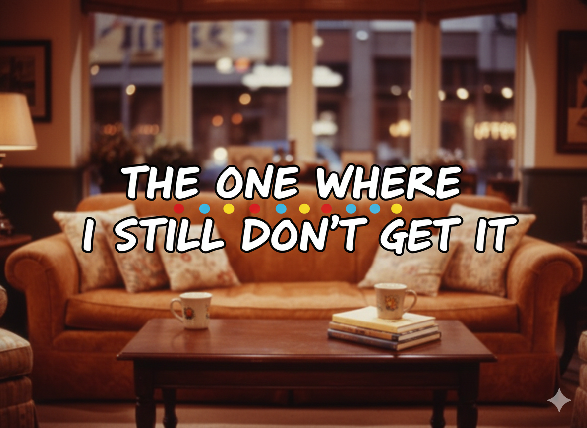 A cozy, slightly blurred living room scene reminiscent of the Central Perk coffee shop set, featuring a plush orange sofa and a wooden coffee table with mugs and books. Overlaid in the center is the title "THE ONE WHERE I STILL DON'T GET IT" written in the iconic, hand-drawn "Friends" font with colorful red, yellow, and blue dots between the letters.