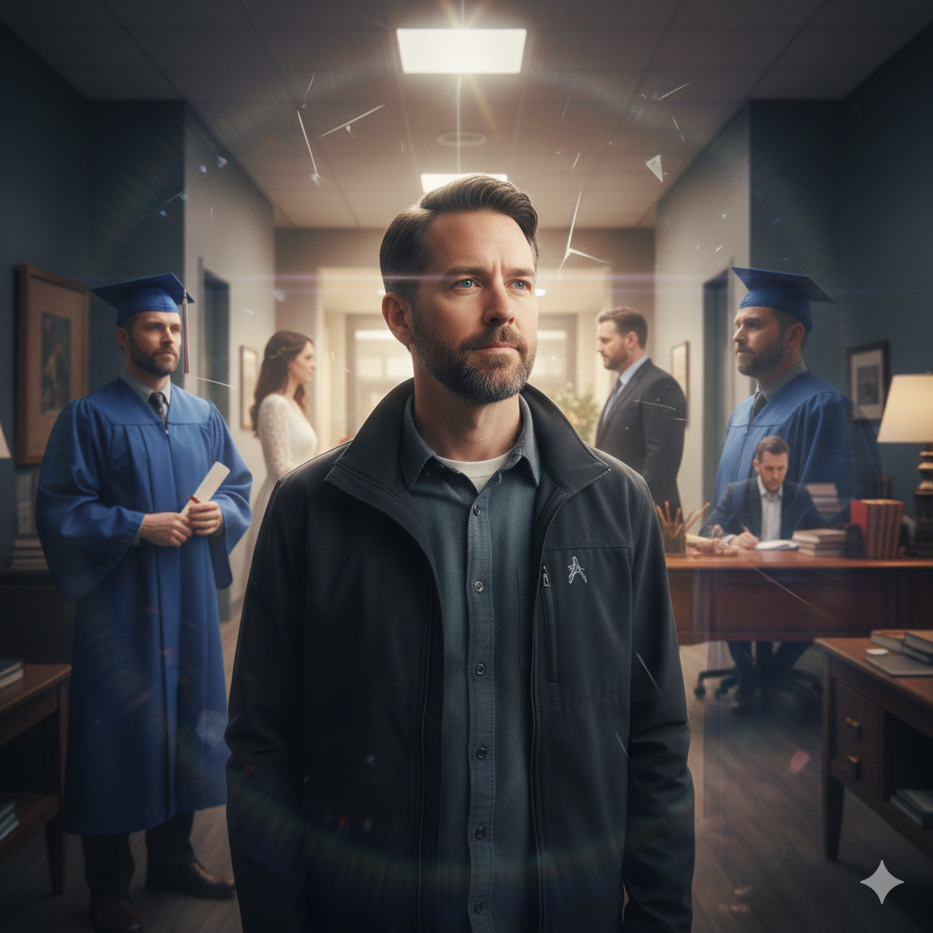A stylized, multi-layered image of a man's silhouette against a backdrop of shifting cosmic colors. Faint, overlapping echoes of the same man appear in the background—one wearing a graduation cap, one in a classroom setting—mimicking the "Parallels" effect of jumping between alternate timelines.