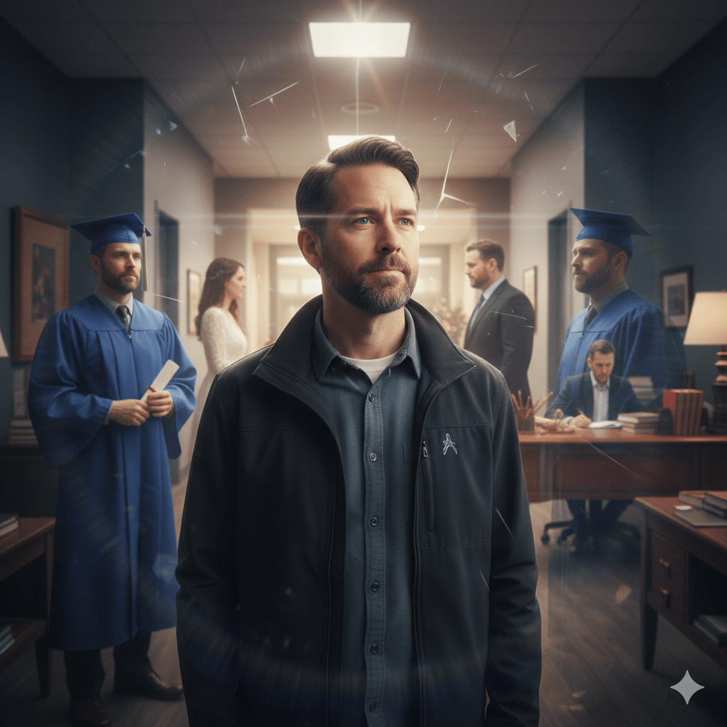 A stylized, multi-layered image of a man's silhouette against a backdrop of shifting cosmic colors. Faint, overlapping echoes of the same man appear in the background—one wearing a graduation cap, one in a classroom setting—mimicking the "Parallels" effect of jumping between alternate timelines.