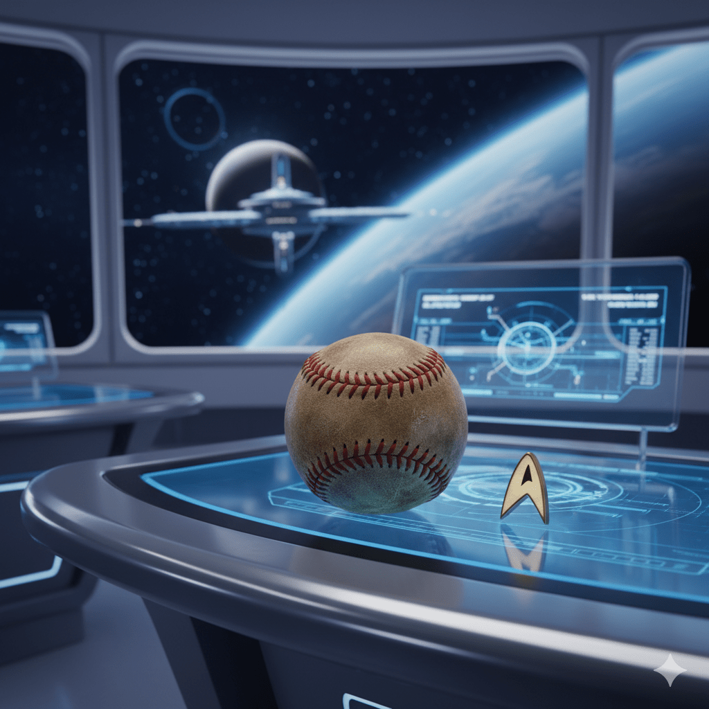 A cinematic, high-detail shot of a well-worn, 20th-century baseball resting on a sleek, holographic 32nd-century Starfleet console. In the background, a large viewport looks out over Earth and a futuristic space station, symbolizing the bridge between Ben Sisko’s legacy and the new generation of Starfleet Academy.