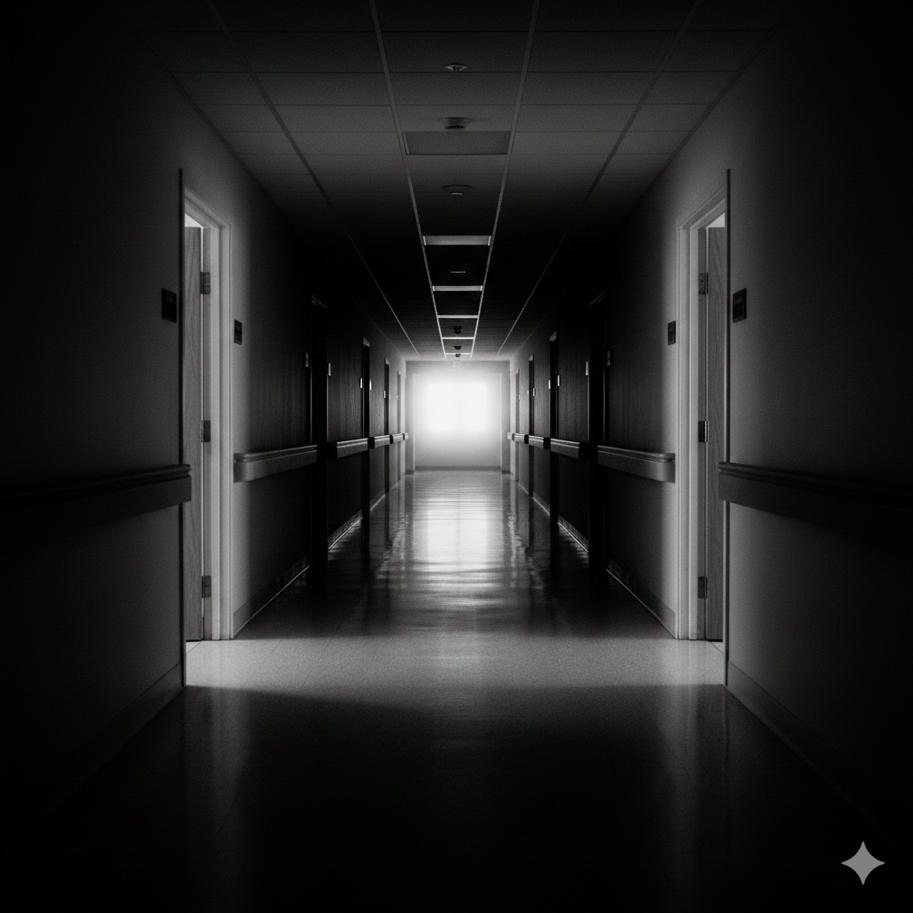High-contrast black and white photography of a long hospital hallway with doors. Representing memory care, long-term caregiving, and the emotional journey of end-of-life care for a parent.