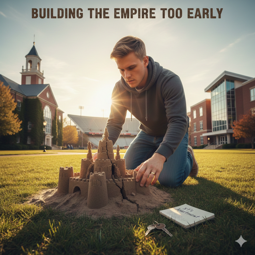 A digital illustration of a young blonde man kneeling on a university quad, building a large, fragile sandcastle that has visible cracks. In the foreground, a notebook says "X1's Apartment" next to a pair of keys. The background shows a college campus with a football stadium under a bright sun. Text at the top reads "BUILDING THE EMPIRE TOO EARLY."