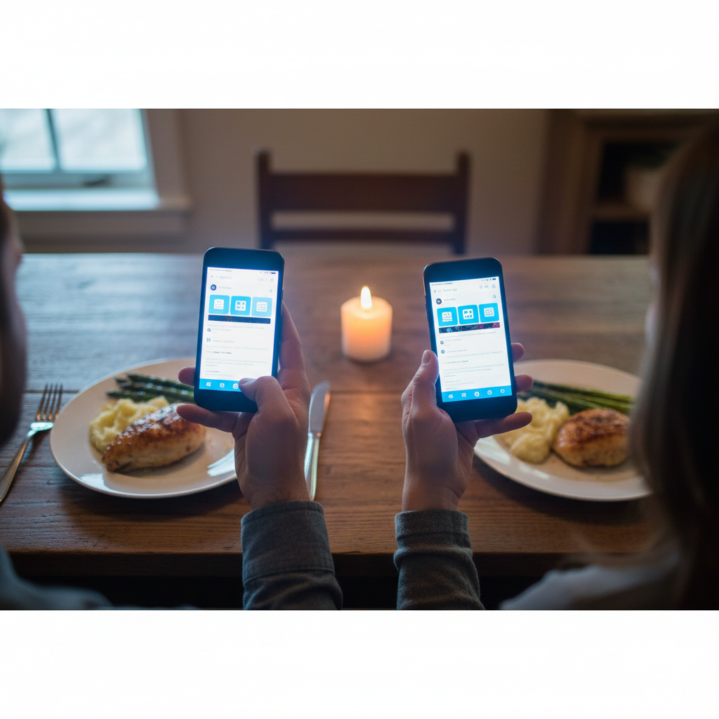 A top-down view of a dinner table with two plates of food. Two people are sitting across from each other, but both are distracted by their glowing smartphones, creating a literal blue-light barrier between them.