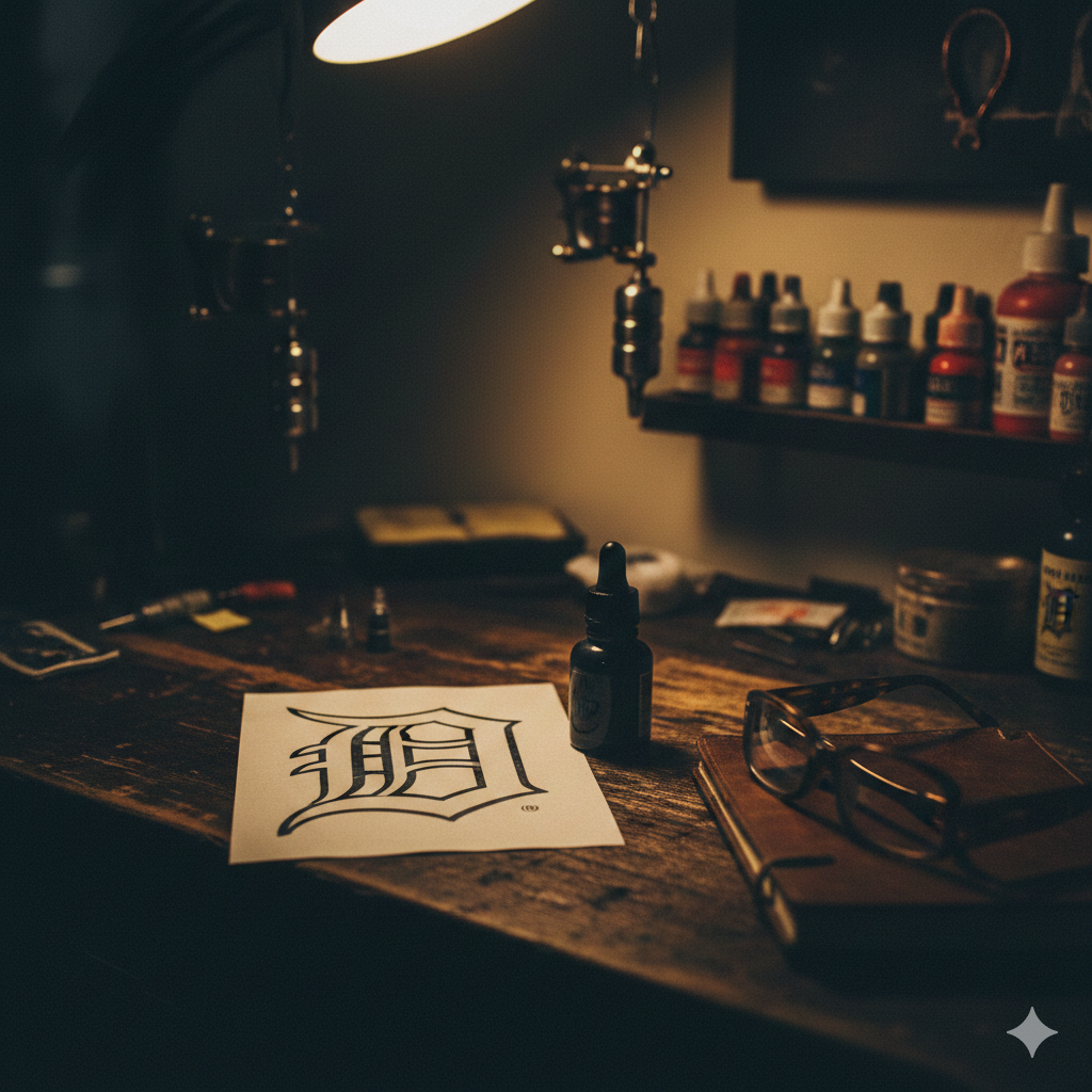A high-contrast, atmospheric photograph of a tattoo artist's wooden workbench under a warm, low-hanging lamp. In the foreground, a sharp black-and-white stencil of the Detroit Tigers "Old English D" sits next to a small bottle of black ink and a pair of reading glasses. The background is softly blurred, showing glimpses of tattoo machines and ink bottles, capturing a mood of quiet, serious contemplation
