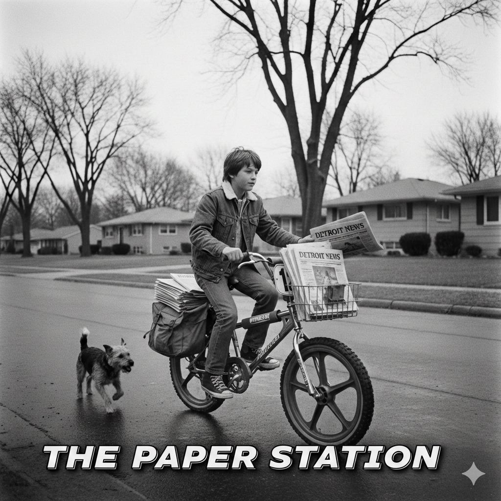 A nostalgic black-and-white style photo of a vintage bicycle with overflowing newspaper saddlebags parked on a suburban sidewalk.
