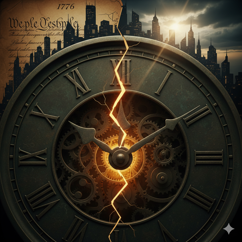 A dramatic conceptual image of a weathered bronze clock face showing "250 Years." The clock is cracked down the center, set against a backdrop of a 1776 parchment and a modern city skyline under a setting sun.