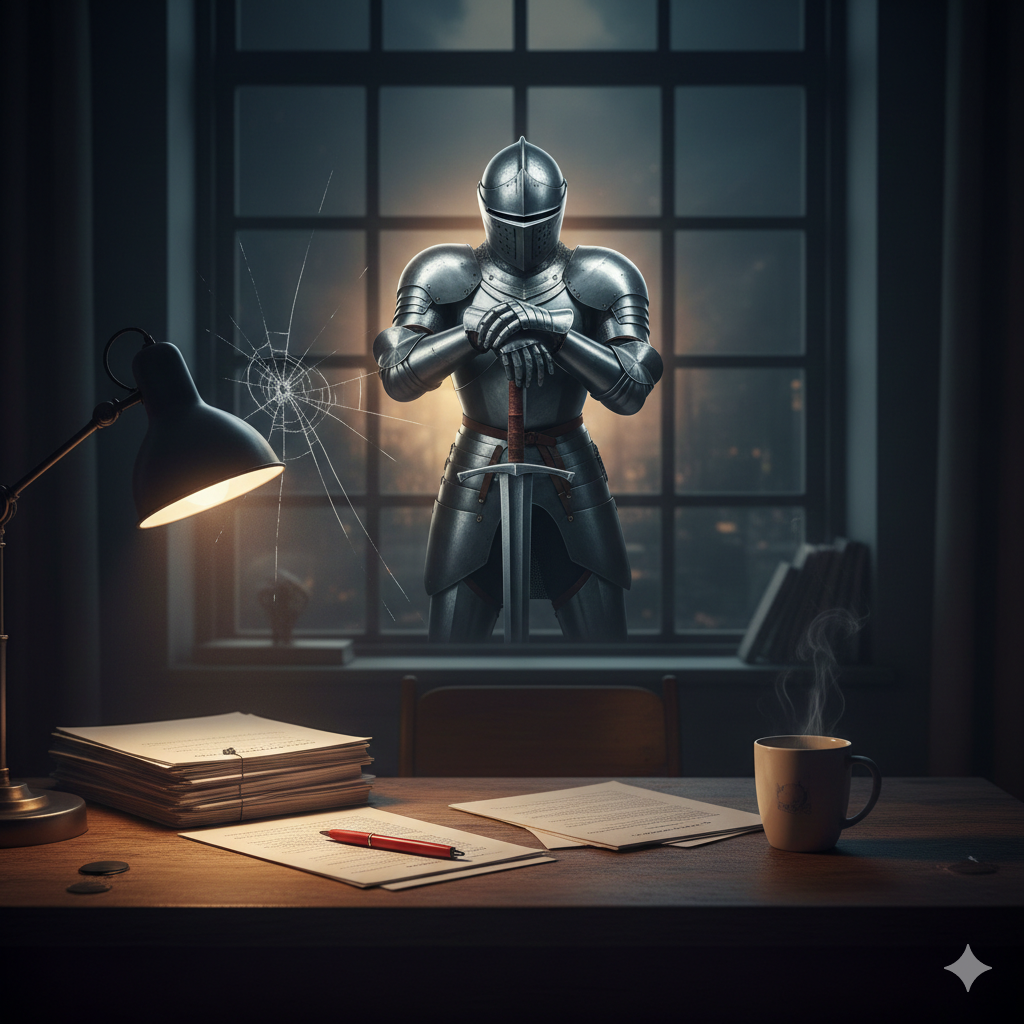 A cinematic, moody shot of a wooden teacher's desk with a stack of papers and a coffee mug. In the dark window behind the desk, the reflection shows a "Sleepless Knight" in silver armor, resting but vigilant. The atmosphere is peaceful, lit by a soft lamp.