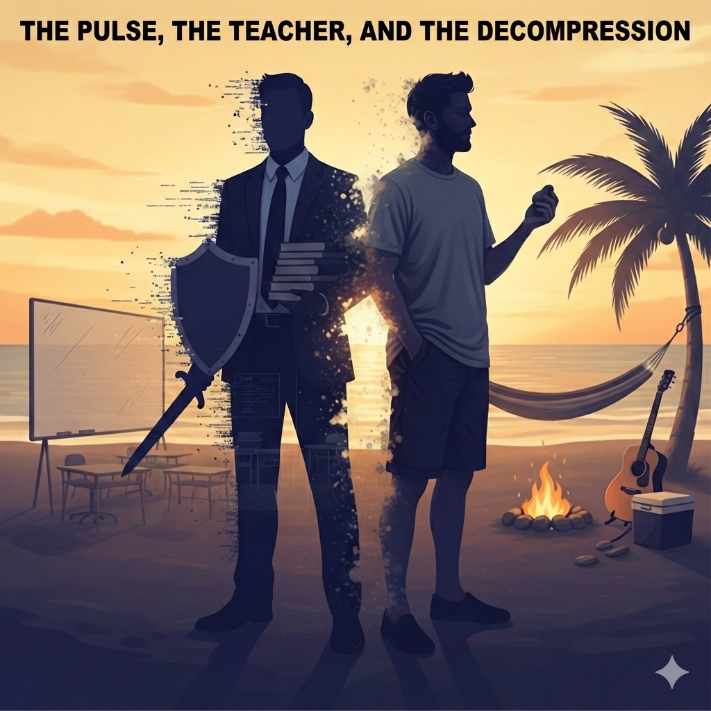 A dual-silhouette image showing a teacher in a suit with a shield and books dissolving into a casual man standing on a beach by a campfire.