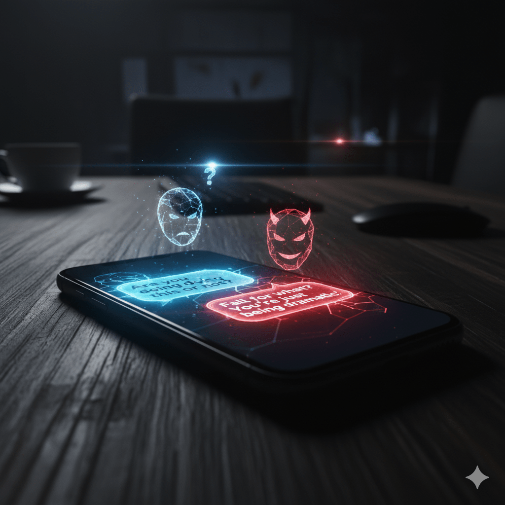 A smartphone rests on a dark, textured wood surface in a dimly lit room. Above the glowing screen, two holographic chat bubbles face off: on the left, a blue bubble featuring a masked, skeptical face with a glowing question mark; on the right, a red bubble with a devilish, grinning mask and sharp text. The scene symbolizes the "Digital Body Language" gap and the conflict of modern texting. In the soft-focus background, other glowing devices suggest a world saturated with similar digital battlefields.