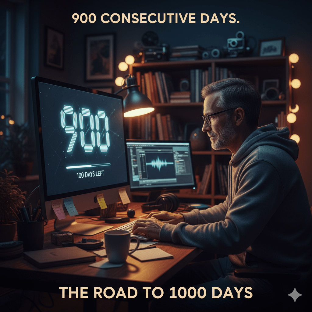 A cinematic shot of a blogger working at a desk at night. The main monitor shows "900" to represent 900 consecutive days of blogging, with a caption "The Road to 1000 Days." The scene captures the "flow state" of writing and podcast editing.