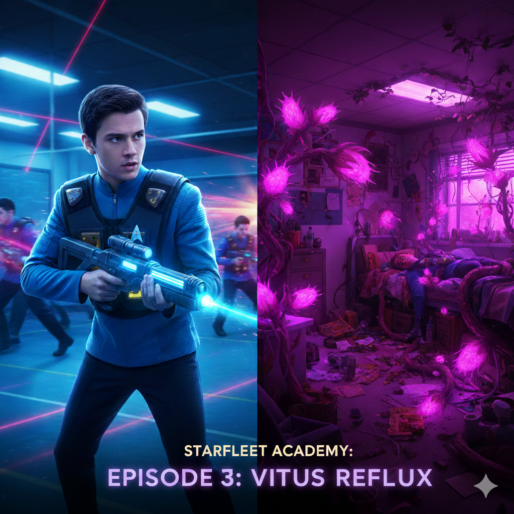A split-screen digital art piece for Star Trek: Starfleet Academy. On the left, a cadet in blue uniform holds a glowing phaser-rifle during a Calica match. On the right, glowing pink alien plants (Vitus Reflux) overgrow a messy dorm room. Text at the bottom reads: "STARFLEET ACADEMY: EPISODE 3: VITUS REFLUX".
